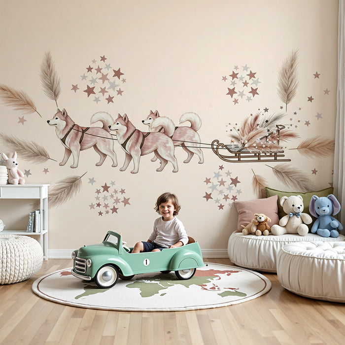 Barntapet | Slädhundar och stjärnor på mjuk bakgrund