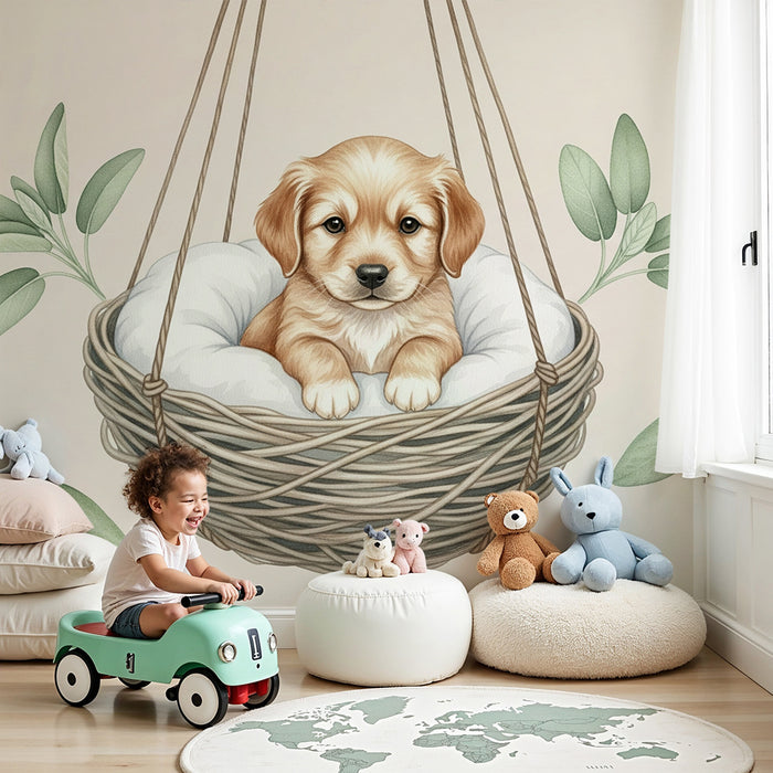 Papier peint chambre bébé | Chiot dans un panier suspendu
