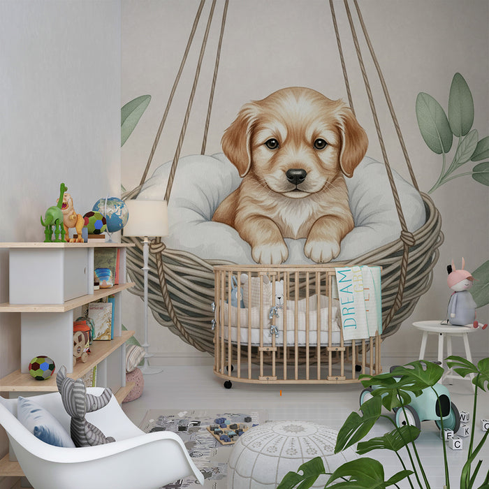 Papier peint chambre bébé | Chiot dans un panier suspendu