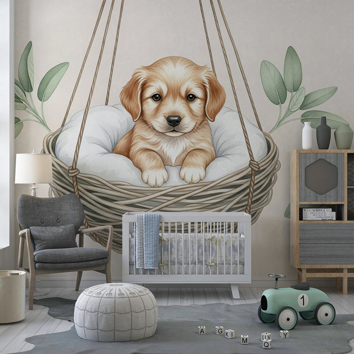 Papier peint chambre bébé | Chiot dans un panier suspendu