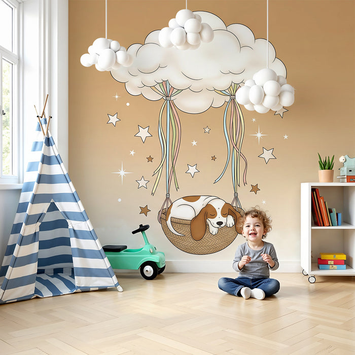 Papier peint chambre bébé | Chiot endormi dans un panier suspendu au nuage