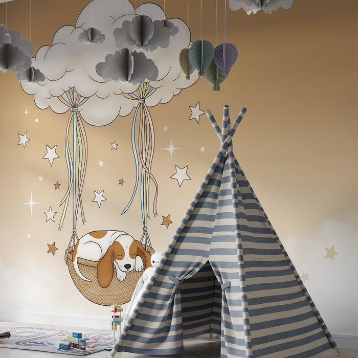 Papier peint chambre bébé | Chiot endormi dans un panier suspendu au nuage