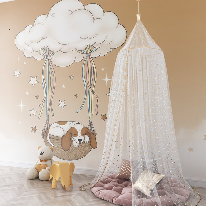Papier peint chambre bébé | Chiot endormi dans un panier suspendu au nuage