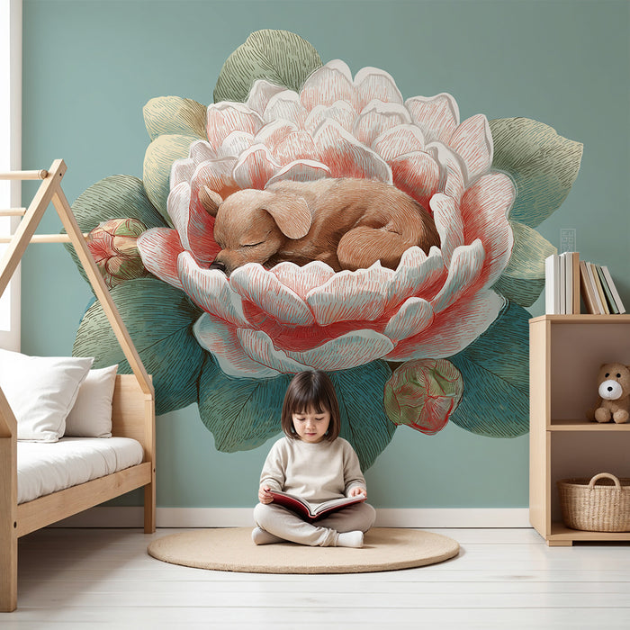 Nursery room wallpaper | Sleeping puppy in a delicate flower