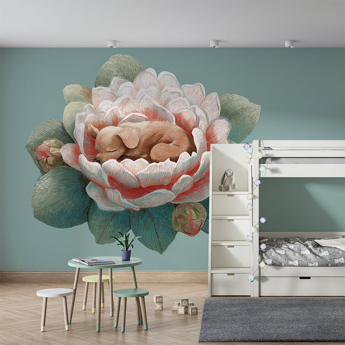 Nursery room wallpaper | Sleeping puppy in a delicate flower