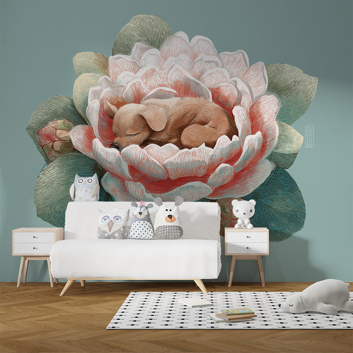 Nursery room wallpaper | Sleeping puppy in a delicate flower