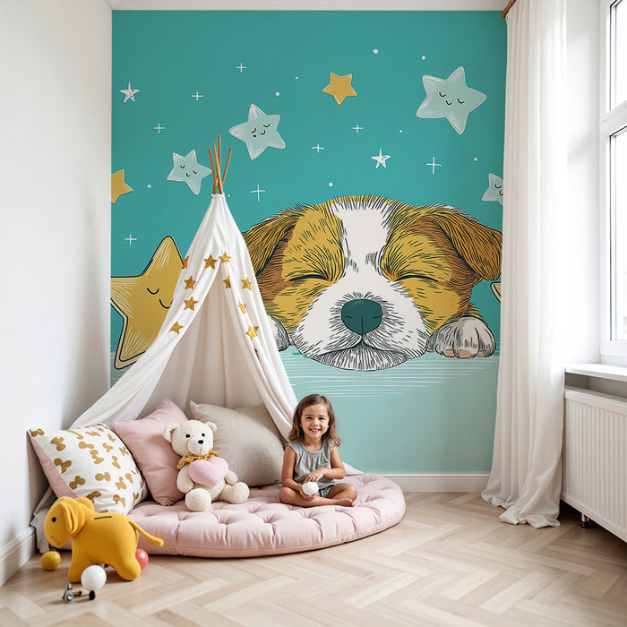 Nursery room wallpaper | Sleeping puppy surrounded by smiling stars