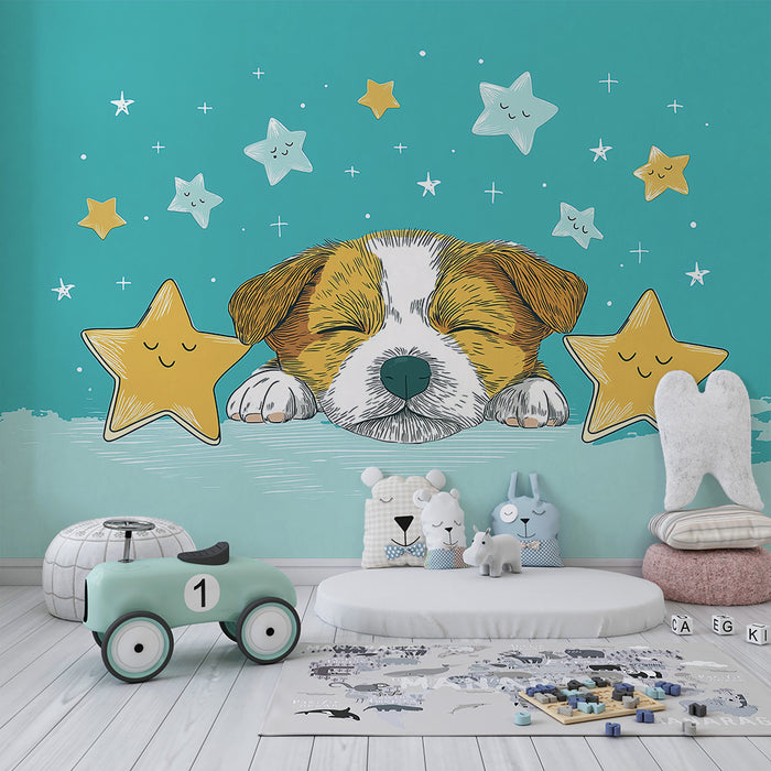 Nursery room wallpaper | Sleeping puppy surrounded by smiling stars