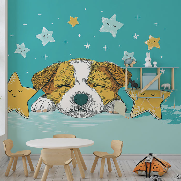 Nursery room wallpaper | Sleeping puppy surrounded by smiling stars