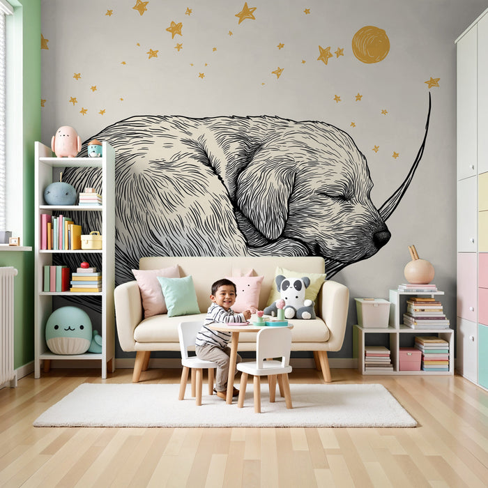 Papier peint chambre bébé | Chiot endormi sous les étoiles