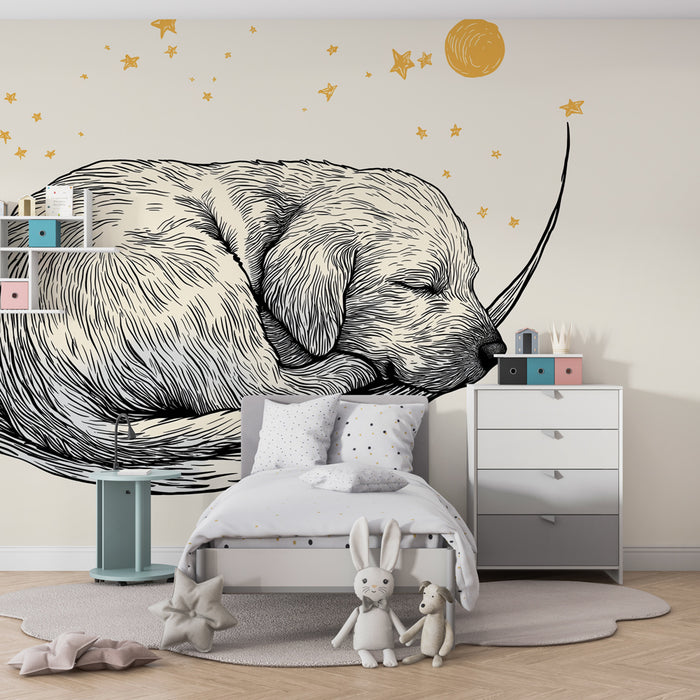 Papier peint chambre bébé | Chiot endormi sous les étoiles
