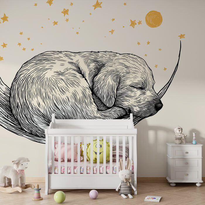 Papier peint chambre bébé | Chiot endormi sous les étoiles