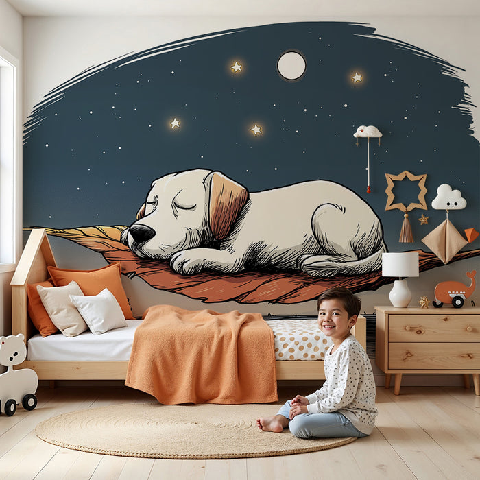 Barntapet | Valp sovande på ett löv under en stjärnklar himmel