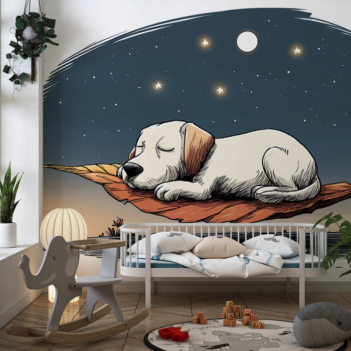 Barntapet | Valp sovande på ett löv under en stjärnklar himmel