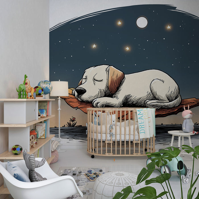 Barntapet | Valp sovande på ett löv under en stjärnklar himmel