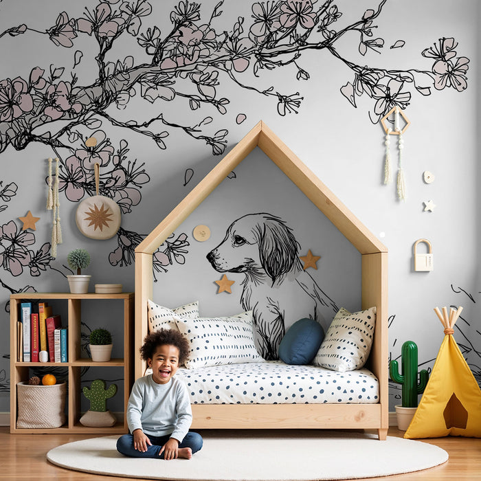 Babykamer behang | Puppy en vogeltje onder een bloeiende kersenboom