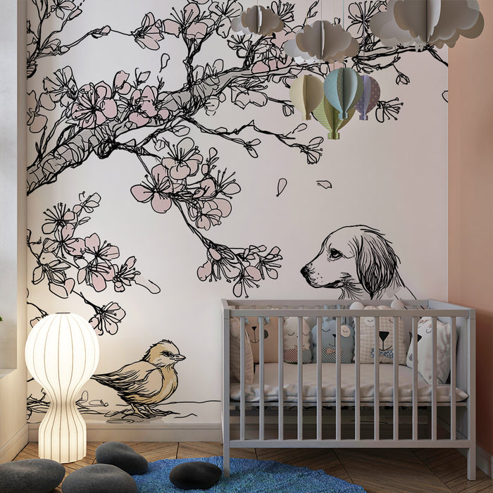 Babykamer behang | Puppy en vogeltje onder een bloeiende kersenboom