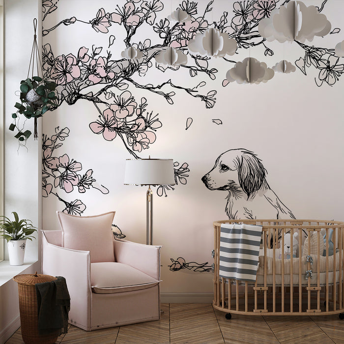 Babykamer behang | Puppy en vogeltje onder een bloeiende kersenboom