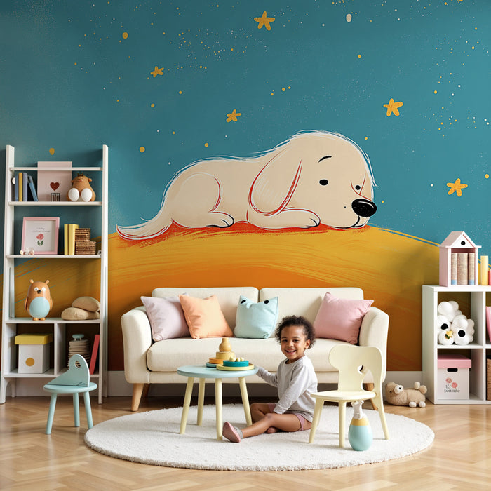 Papier peint chambre bébé | Chiot rêveur sous les étoiles