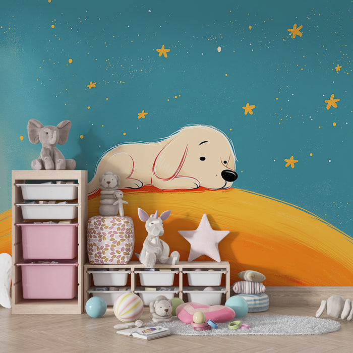Papier peint chambre bébé | Chiot rêveur sous les étoiles
