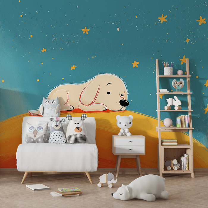 Papier peint chambre bébé | Chiot rêveur sous les étoiles