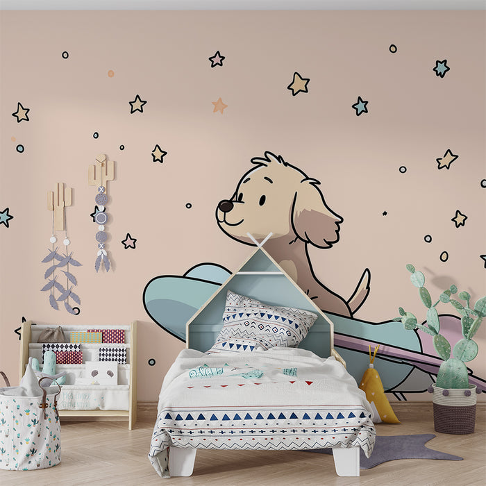 Babykamer behang | Dromende puppy op een vliegtuig tussen de sterren