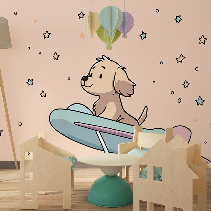 Babykamer behang | Dromende puppy op een vliegtuig tussen de sterren