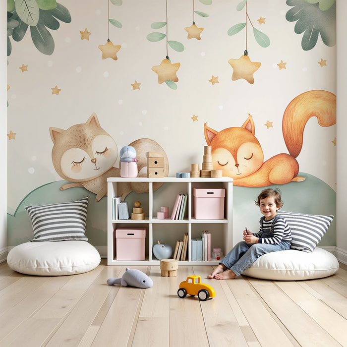 Carta da parati bambini | Gufo e volpe addormentati su una nuvola stellata