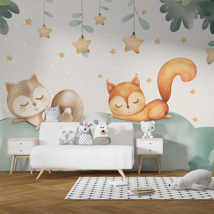 Carta da parati bambini | Gufo e volpe addormentati su una nuvola stellata