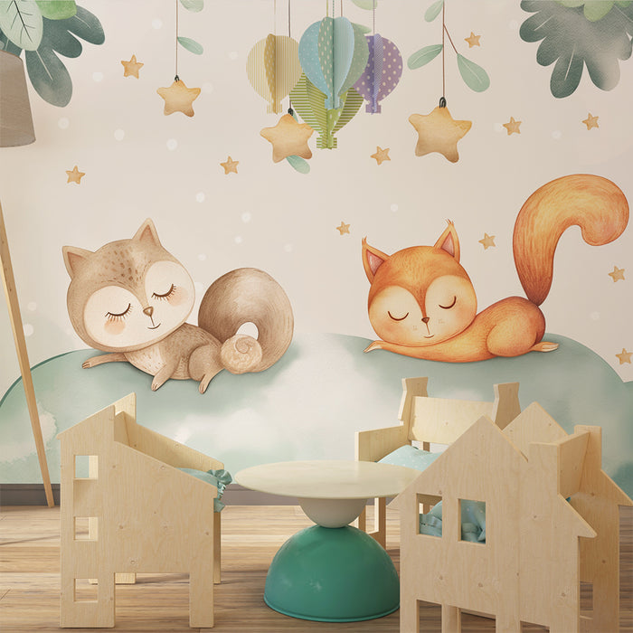 Carta da parati bambini | Gufo e volpe addormentati su una nuvola stellata