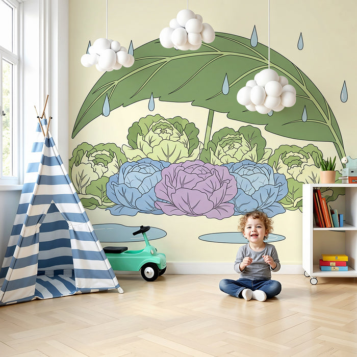 Babyzimmer-Tapete | Bunte Kohlköpfe unter einem großen Blatt mit Regentropfen