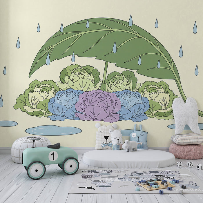 Babyzimmer-Tapete | Bunte Kohlköpfe unter einem großen Blatt mit Regentropfen