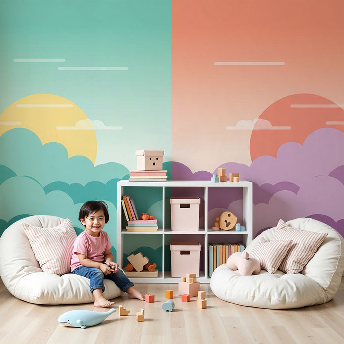 Papel de parede para quarto de bebé | Céu colorido com sol e nuvens suaves