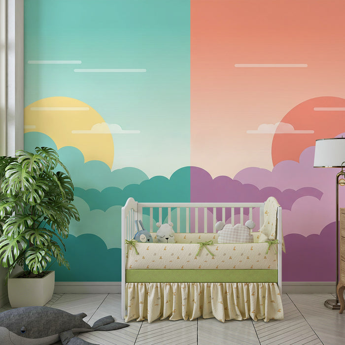 Papel de parede para quarto de bebé | Céu colorido com sol e nuvens suaves
