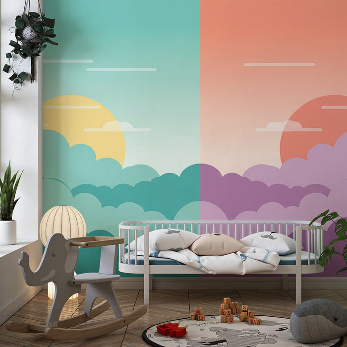 Papel de parede para quarto de bebé | Céu colorido com sol e nuvens suaves