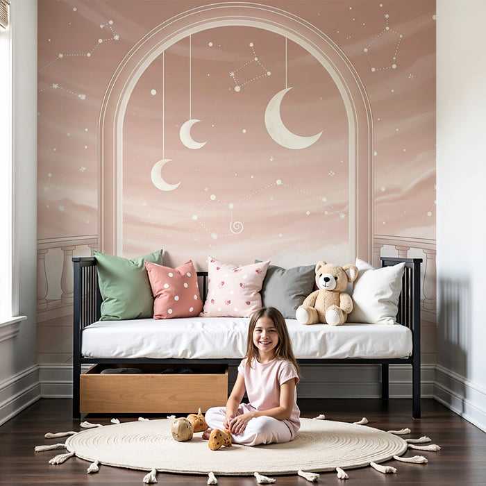 Papier peint chambre bébé | Ciel étoilé avec croissants de lune et constellations