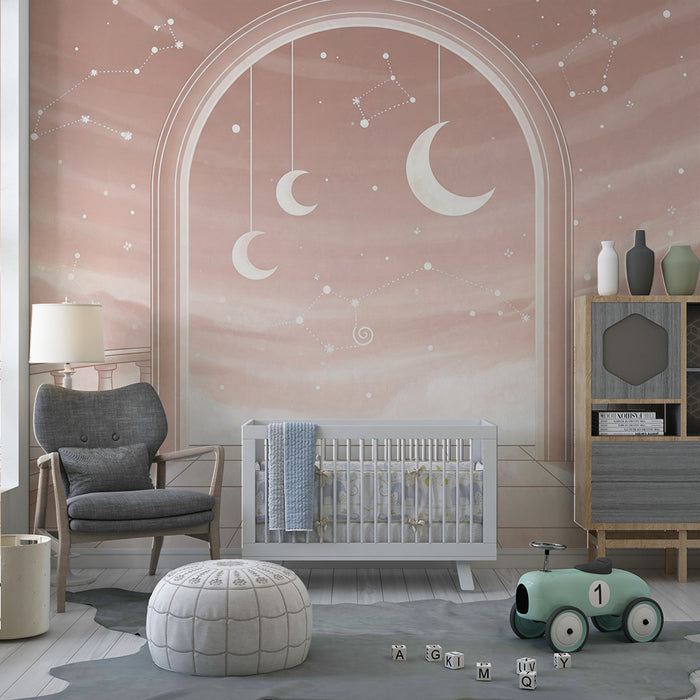 Papier peint chambre bébé | Ciel étoilé avec croissants de lune et constellations