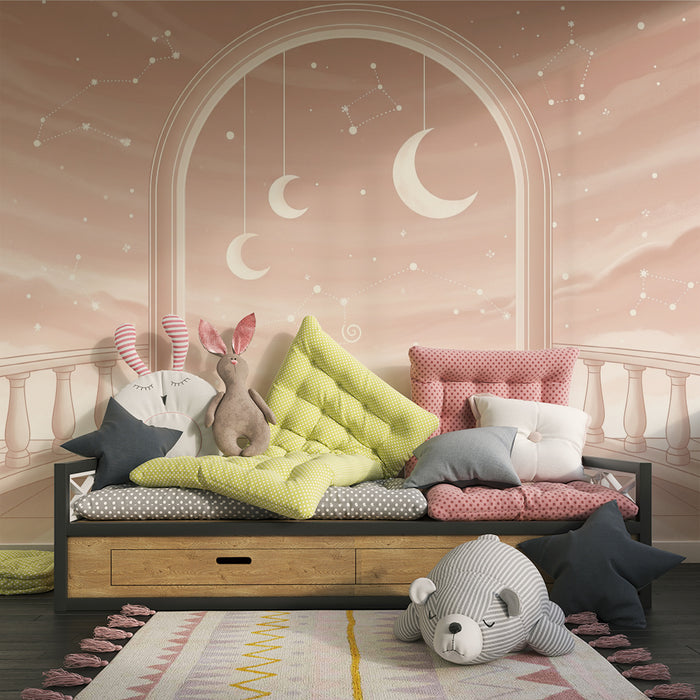 Papier peint chambre bébé | Ciel étoilé avec croissants de lune et constellations
