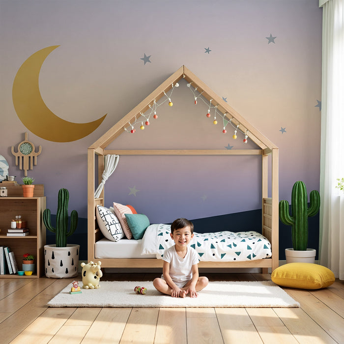 Papier peint chambre bébé | Ciel étoilé avec lune dorée et dégradé pastel