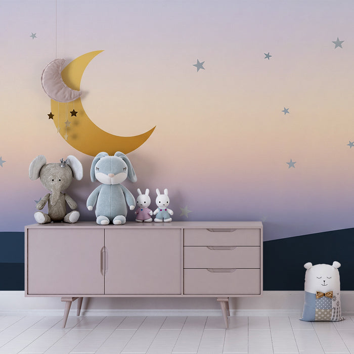 Papier peint chambre bébé | Ciel étoilé avec lune dorée et dégradé pastel