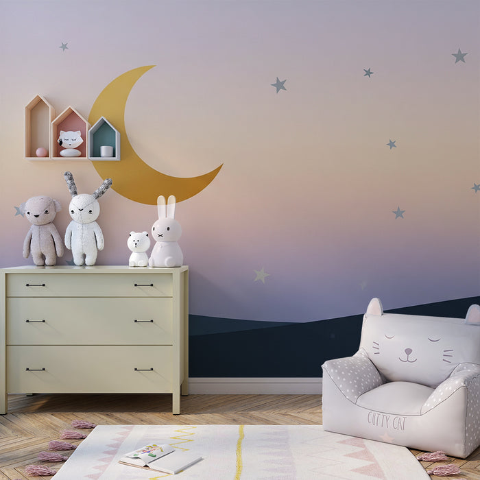 Papier peint chambre bébé | Ciel étoilé avec lune dorée et dégradé pastel