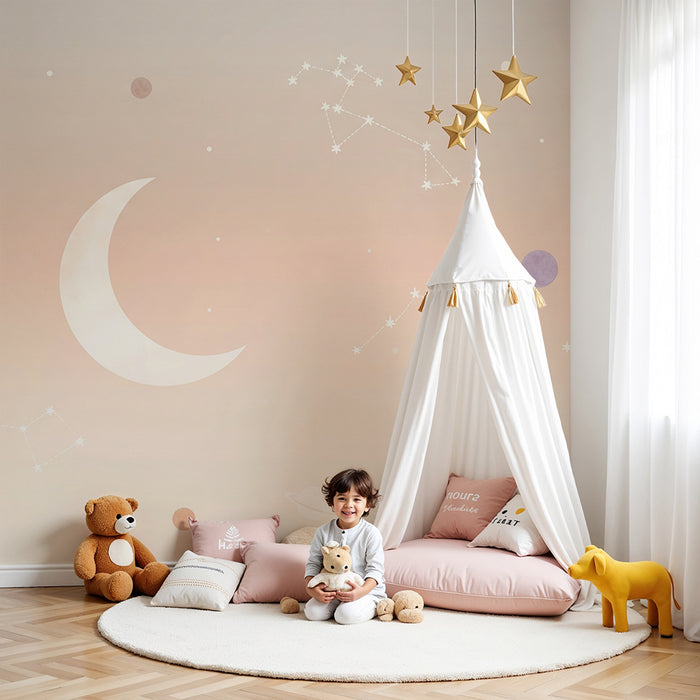 Papier peint chambre bébé | Ciel étoilé avec lune et constellations pastel