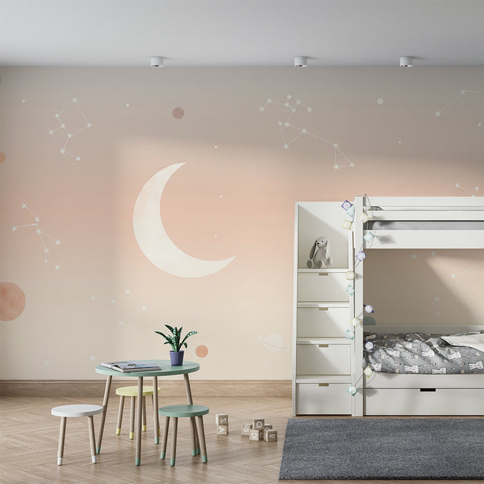 Papier peint chambre bébé | Ciel étoilé avec lune et constellations pastel