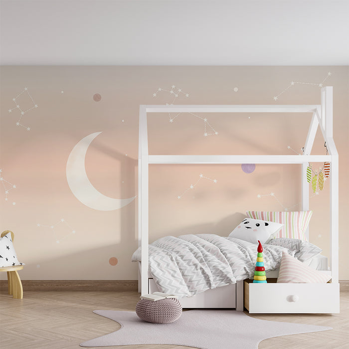 Papier peint chambre bébé | Ciel étoilé avec lune et constellations pastel