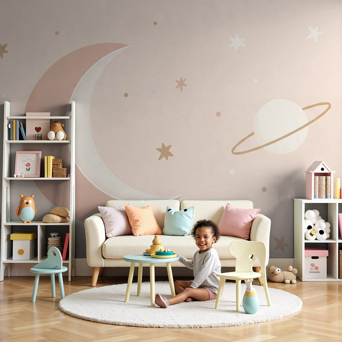 Papier peint chambre bébé | Ciel étoilé avec lune et douces planètes