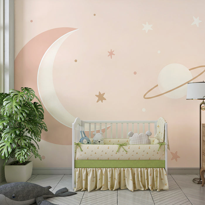Papier peint chambre bébé | Ciel étoilé avec lune et douces planètes