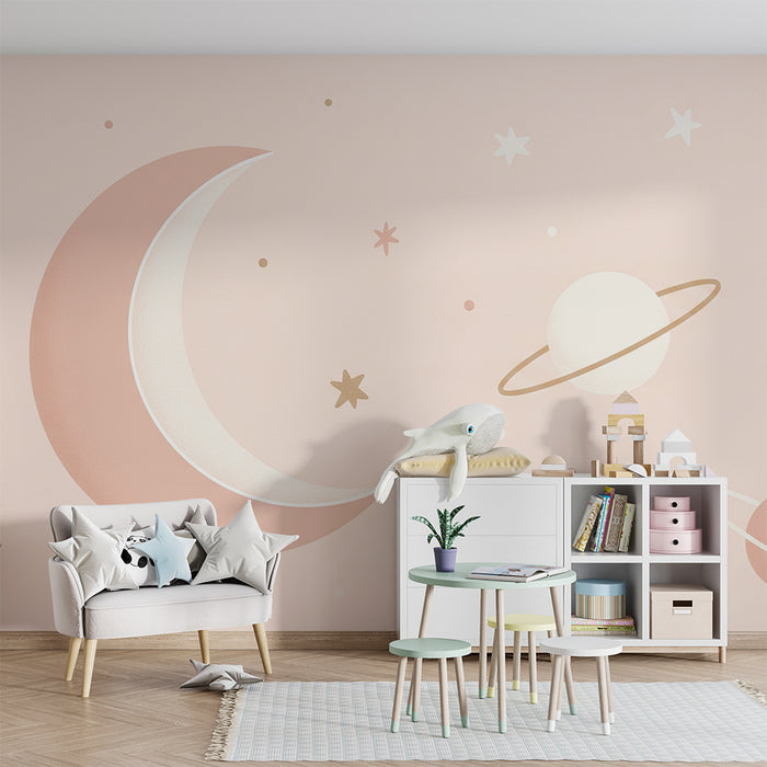 Papier peint chambre bébé | Ciel étoilé avec lune et douces planètes