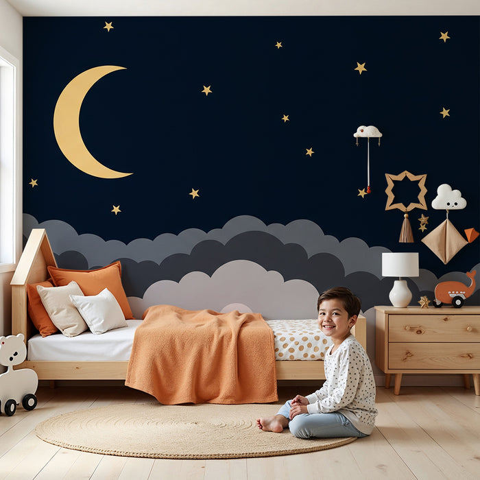 Χαρτί τοίχου βρεφικού δωματίου | Αστέρια με φεγγάρι και απαλά σύννεφα