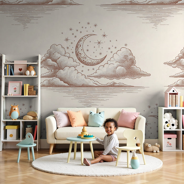 Papier peint chambre bébé | Ciel étoilé avec lune et nuages doux