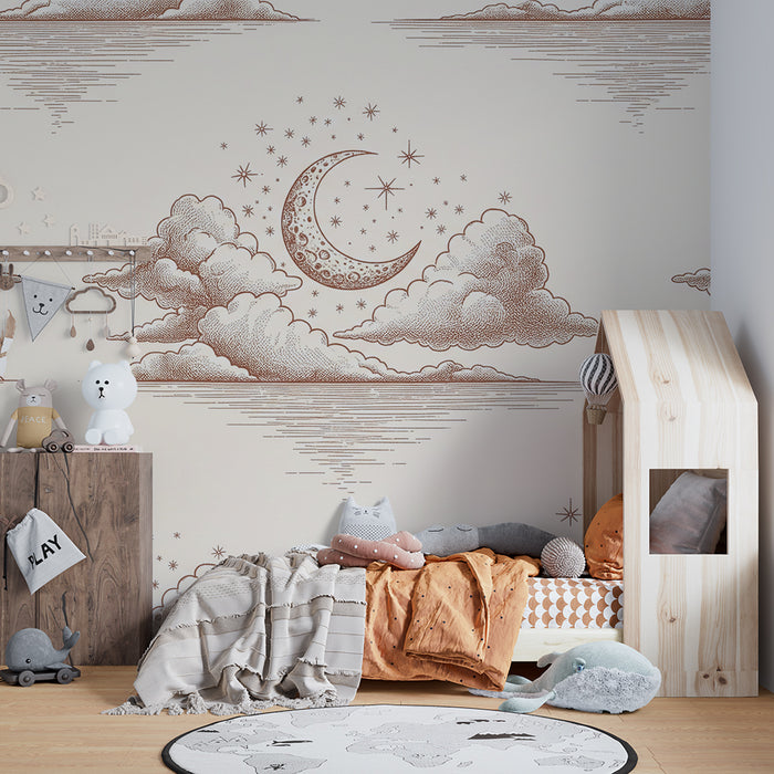 Papier peint chambre bébé | Ciel étoilé avec lune et nuages doux